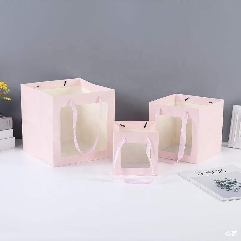 Transparent Window Pink Cardboard Paper Packaging Bag Customized Logo with Ribbon Handle for handmade gift