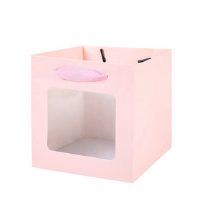 Transparent Window Pink Cardboard Paper Packaging Bag Customized Logo with Ribbon Handle for handmade gift