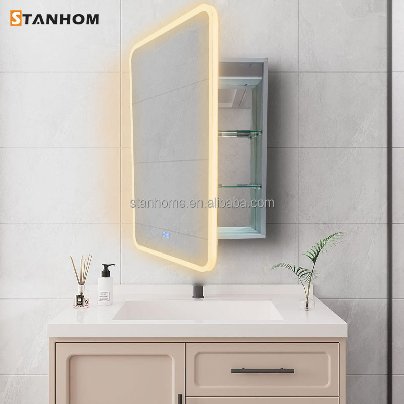 STANHOM Wall Bedroom Bathroom Round Corner LED Vanity Mirror Storage Cabinet