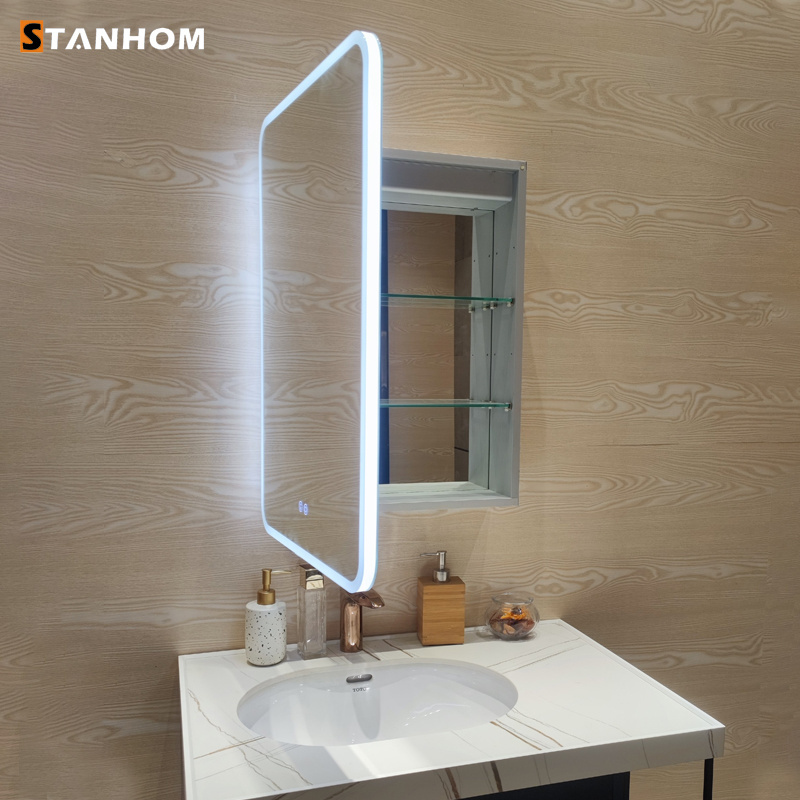 STANHOM Wall Bedroom Bathroom Round Corner LED Vanity Mirror Storage Cabinet