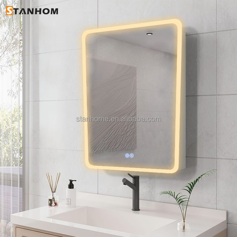 STANHOM Wall Bedroom Bathroom Round Corner LED Vanity Mirror Storage Cabinet