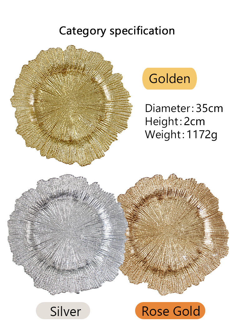 Charger Plates Wholesale Wedding Crystal Clear Beaded Rim Reef Silver Gold Rose Gold Glass Charger Plates for Banquet Wedding