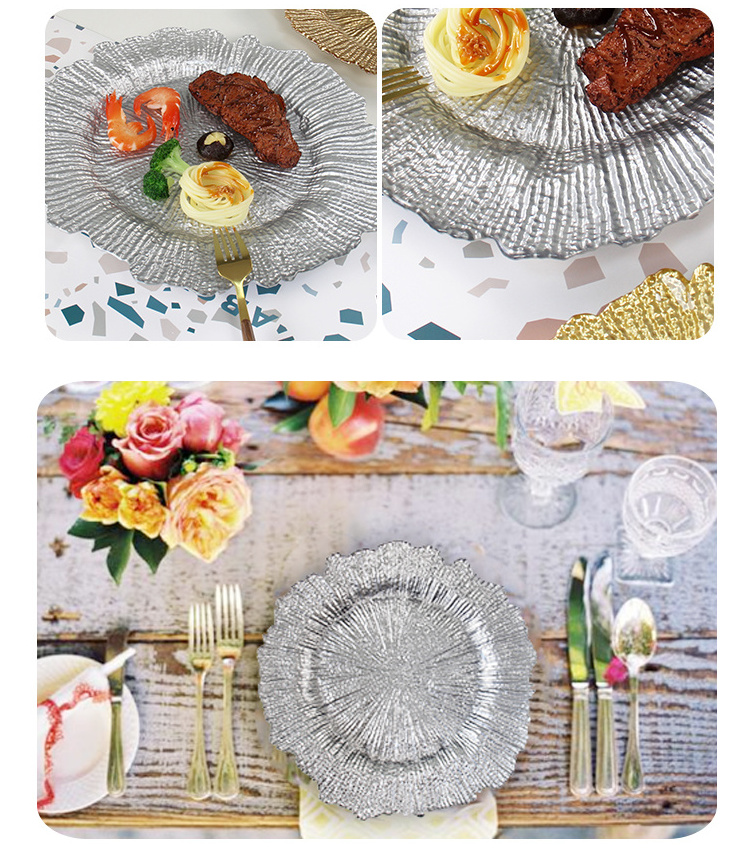 Charger Plates Wholesale Wedding Crystal Clear Beaded Rim Reef Silver Gold Rose Gold Glass Charger Plates for Banquet Wedding