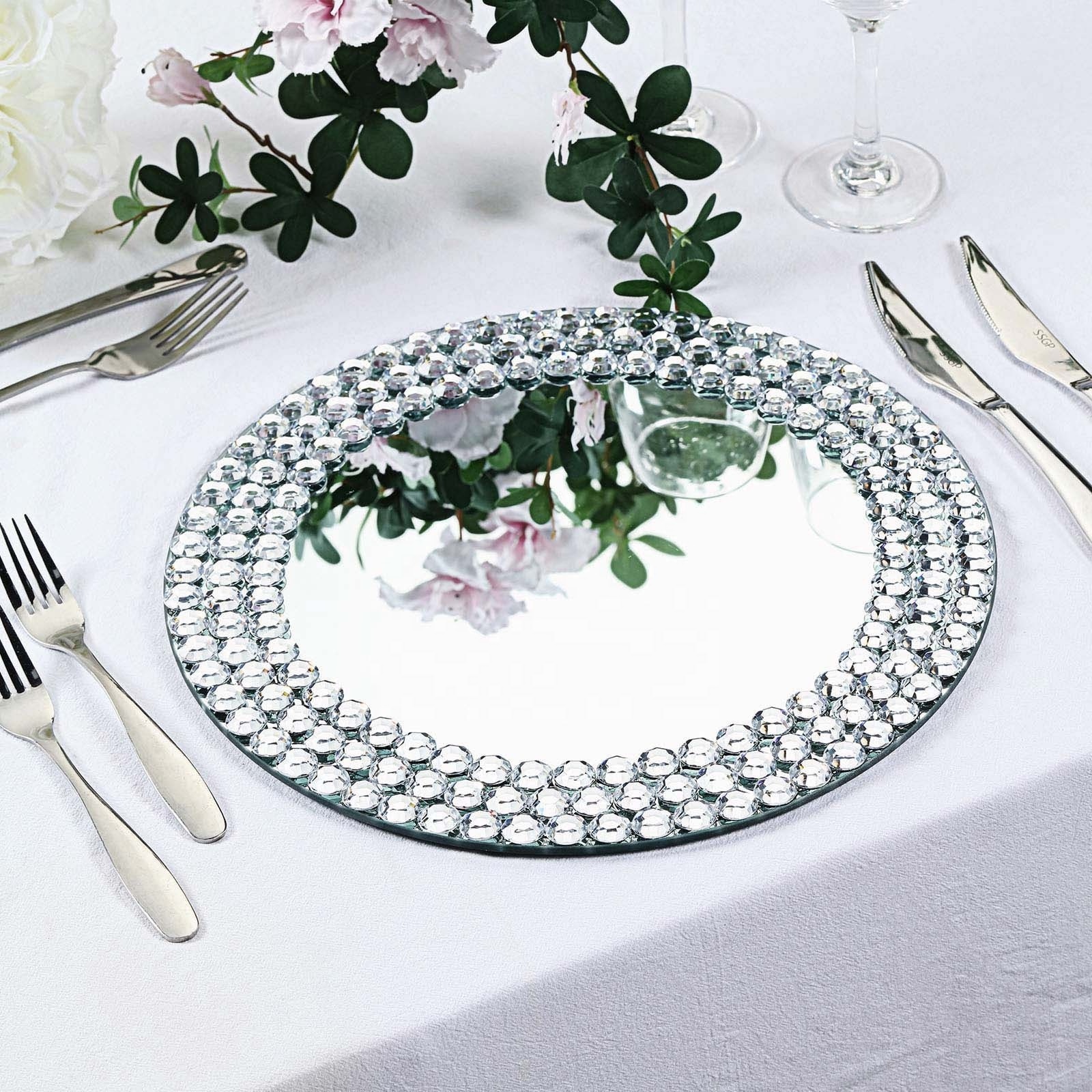 High Quality Fancy Clear Glass Charger Plates with Diamond Hot Sales Crystal Mirror Plate for wedding decor