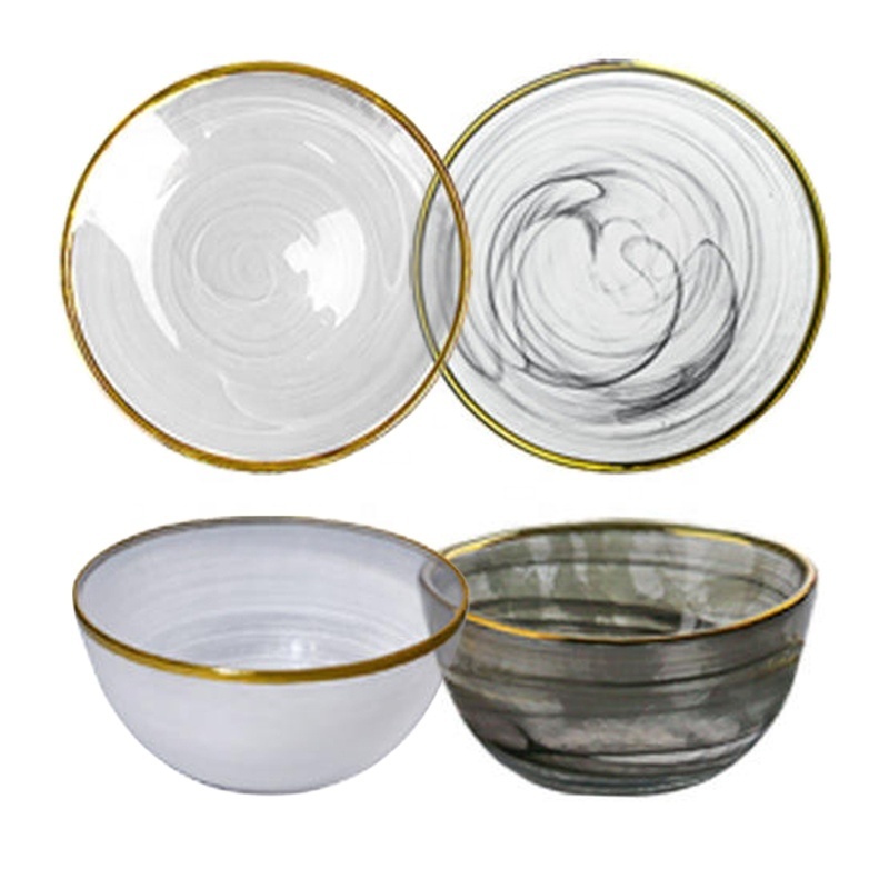 Classical Transparent Bowls With Gold Rim Chinese Ink Painting Patterns Glass Charger Bowl Dining Serving Dishes Round Plate Set