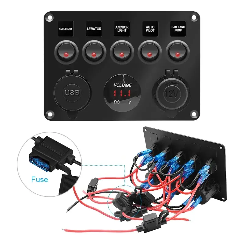 5Gangs LED Rocker Switch Panel With Digital Volt Dual USB Port 12V Outlet Combination Waterproof Switches For Car Marine Boat