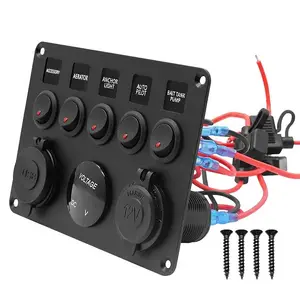 5Gangs LED Rocker Switch Panel With Digital Volt Dual USB Port 12V Outlet Combination Waterproof Switches For Car Marine Boat