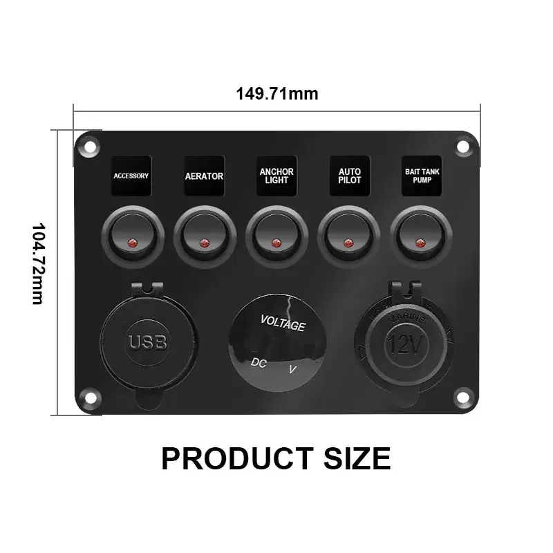 5Gangs LED Rocker Switch Panel With Digital Volt Dual USB Port 12V Outlet Combination Waterproof Switches For Car Marine Boat