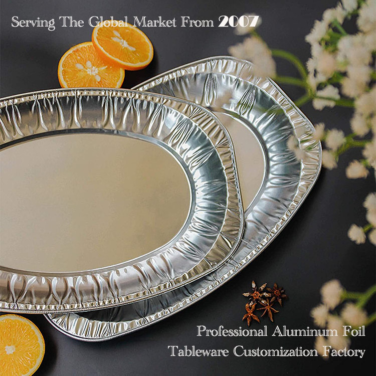 Banquettes Tableware Catering Tray Embossed Plates Wedding Disposable Aluminum Foil Turkey Bbq Hot Trays For Food Oval plade