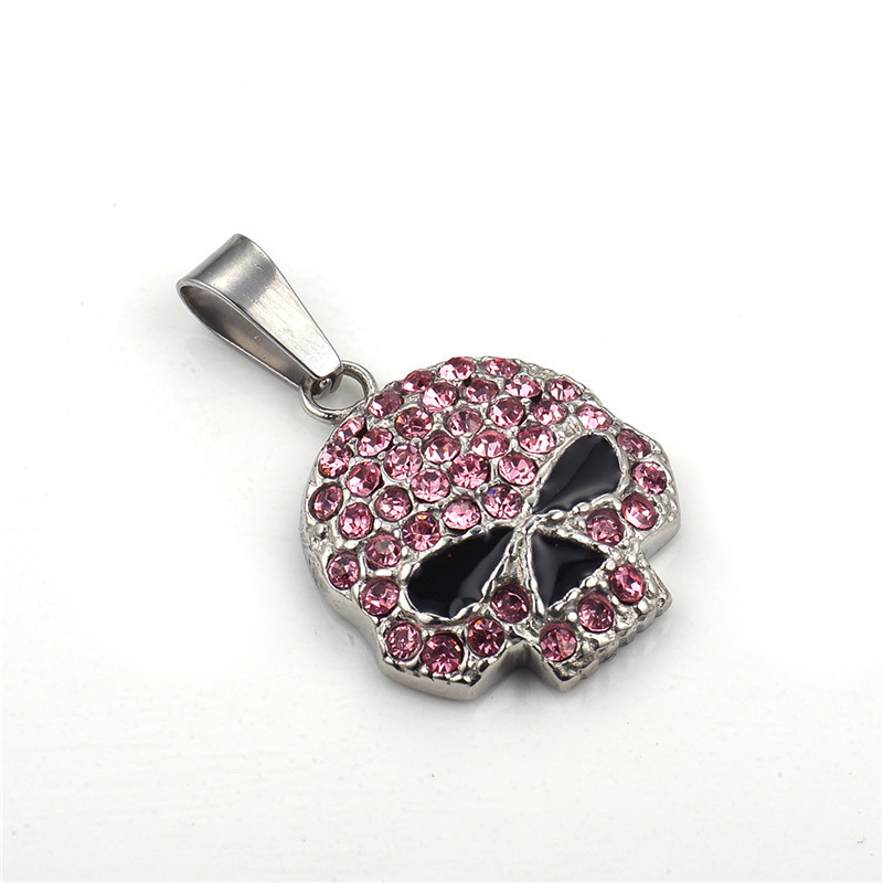 Stainless Steel Skull Head Pendant with White/Pink Crystal Biker Jewelry Gemstone Charms Pendant for Men