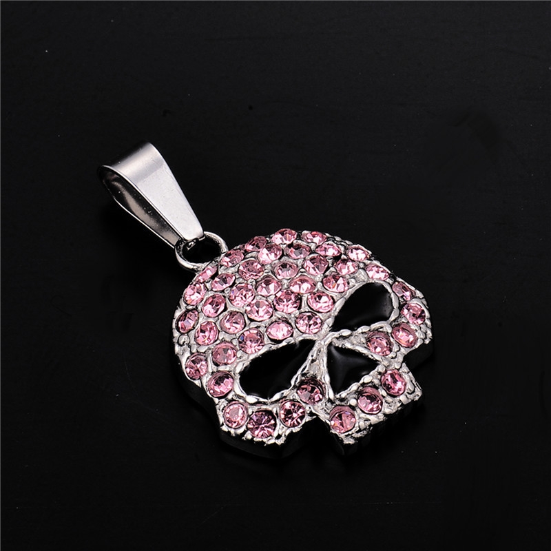 Stainless Steel Skull Head Pendant with White/Pink Crystal Biker Jewelry Gemstone Charms Pendant for Men