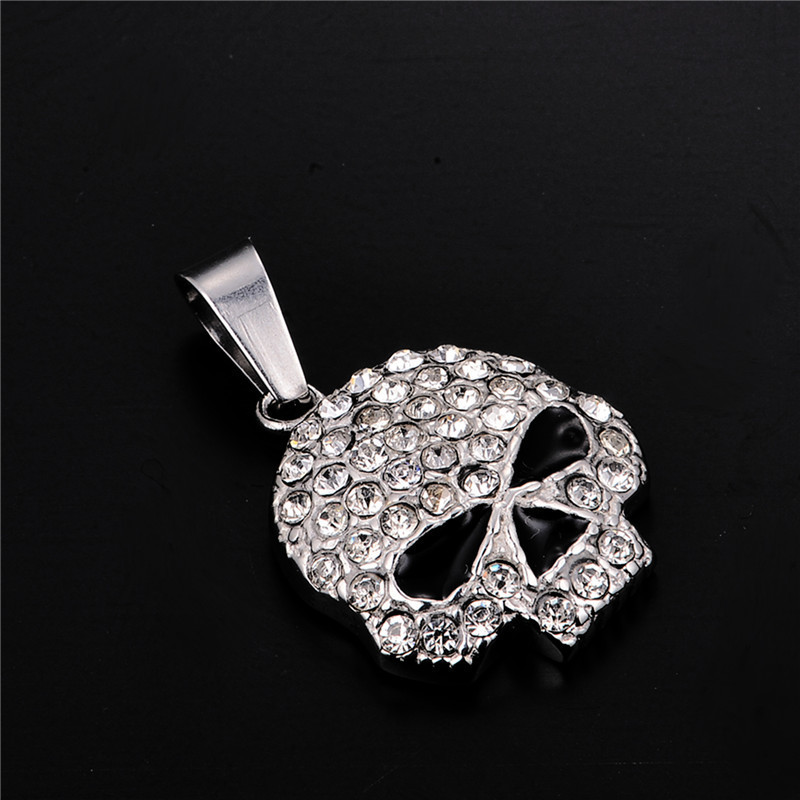 Stainless Steel Skull Head Pendant with White/Pink Crystal Biker Jewelry Gemstone Charms Pendant for Men