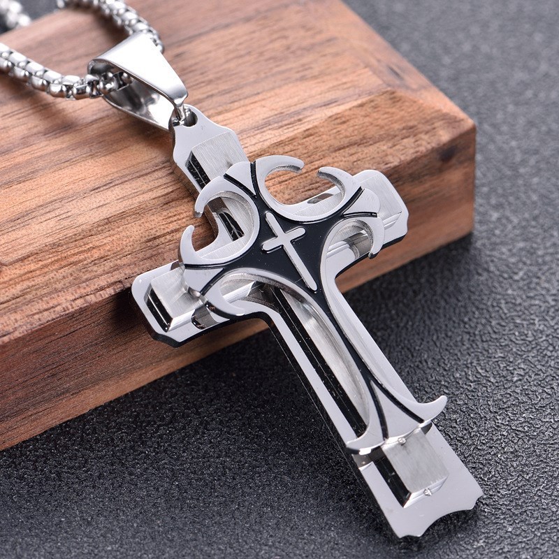 Men's Classic Design Double Cross Pendant Jewelry Stainless Steel 18k Gold Plated Cross with Black Enamel Box Necklace Chain