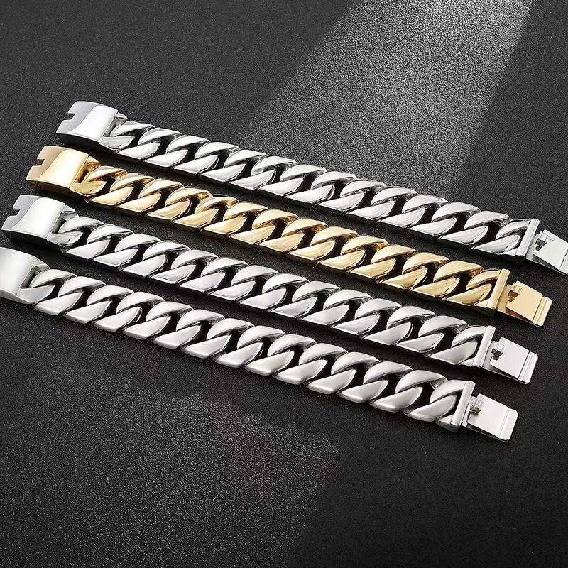 High Quality Stainless Steel Heavy Cuban Chain Bracelet 18k Gold Plated Chunky Necklace Punk Style Bracelets for Men