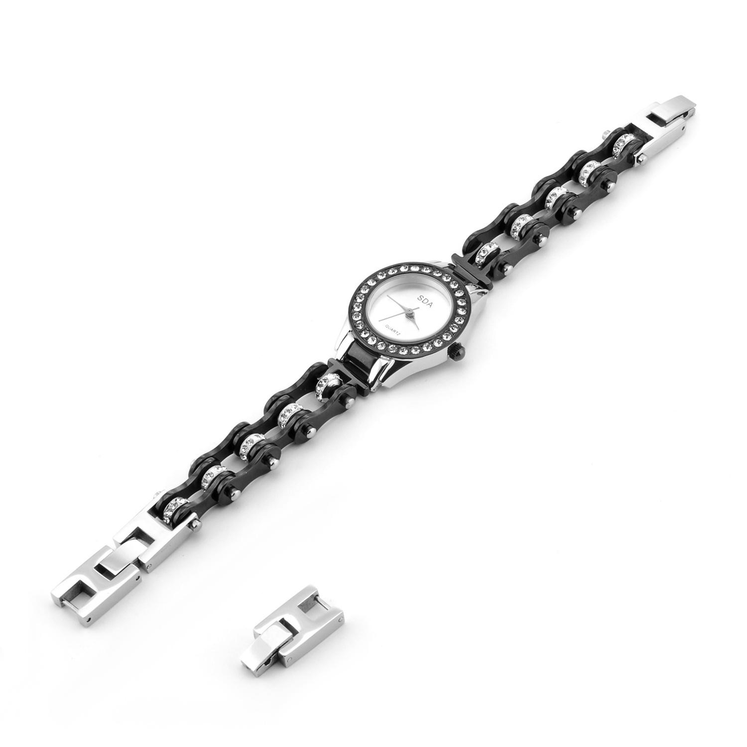 Quartz Watch Fashion Biker Watch Jewelry Silver/Black/Rose Gold with Crystal Motorcycle Link Chain Stainless Steel Bracelet