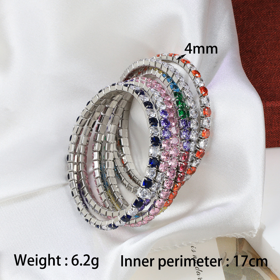 Stainless Steel  Adjustable Elastic Colorful CZ Stones Tennis Bracelets Bangle for Women Rainbow Tennis Jewelry