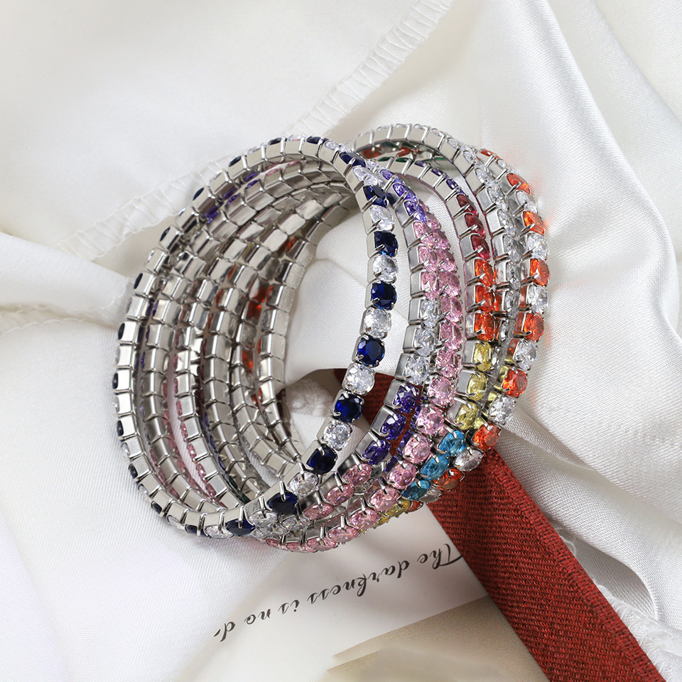 Stainless Steel  Adjustable Elastic Colorful CZ Stones Tennis Bracelets Bangle for Women Rainbow Tennis Jewelry