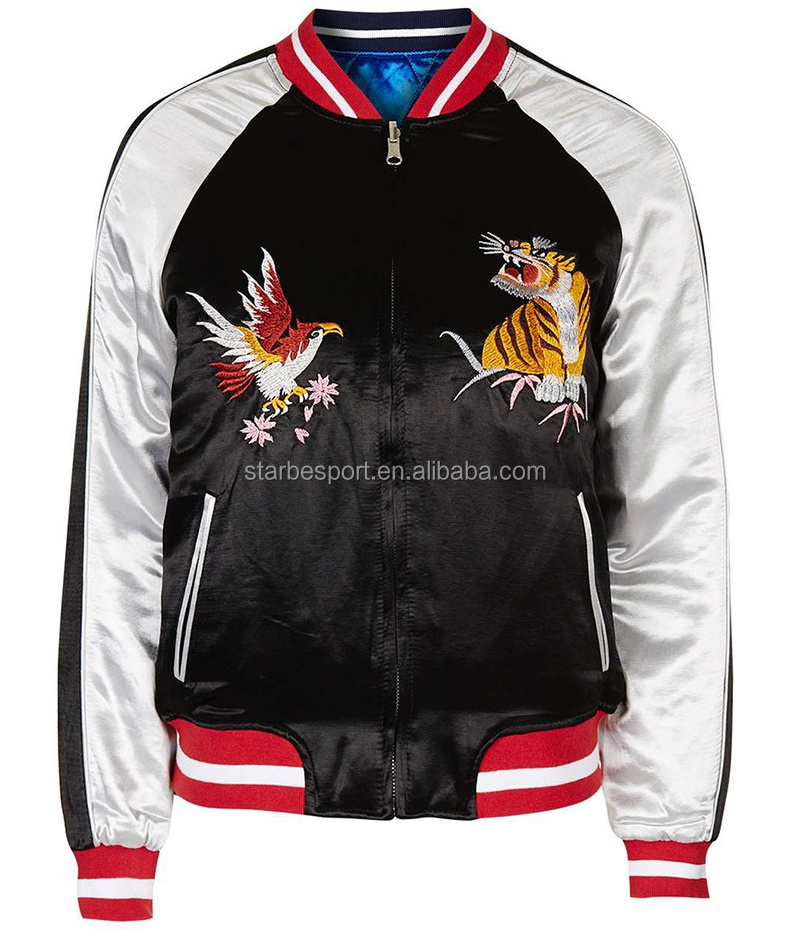 Custom Fashion Embroidered Reversible Souvenir Satin Bomber Jackets Wholesale