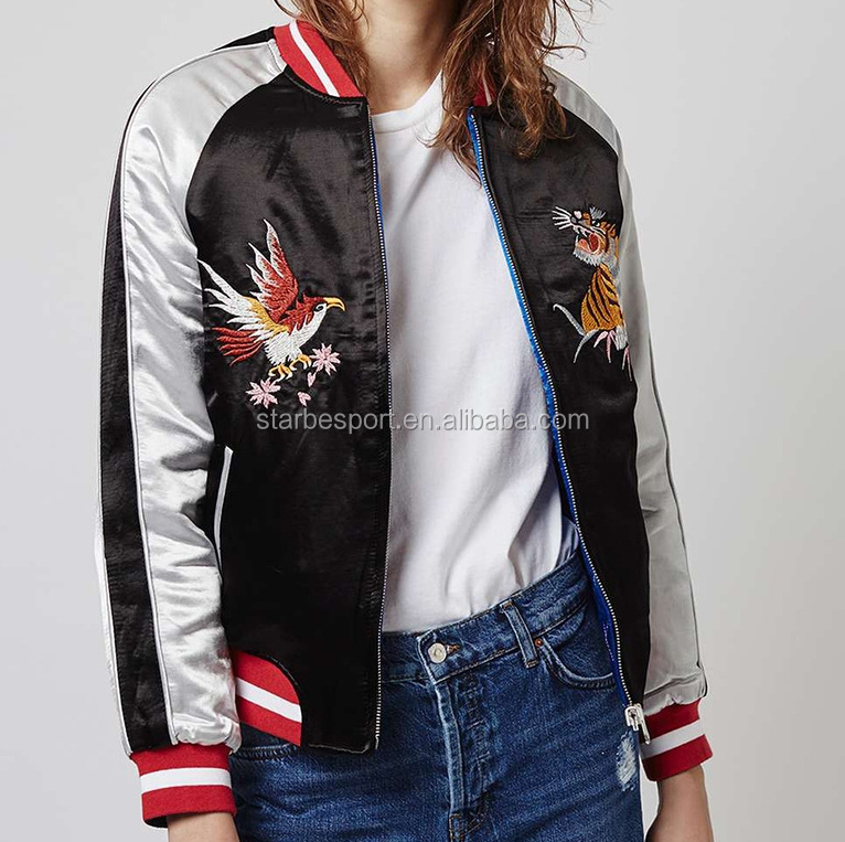 Custom Fashion Embroidered Reversible Souvenir Satin Bomber Jackets Wholesale