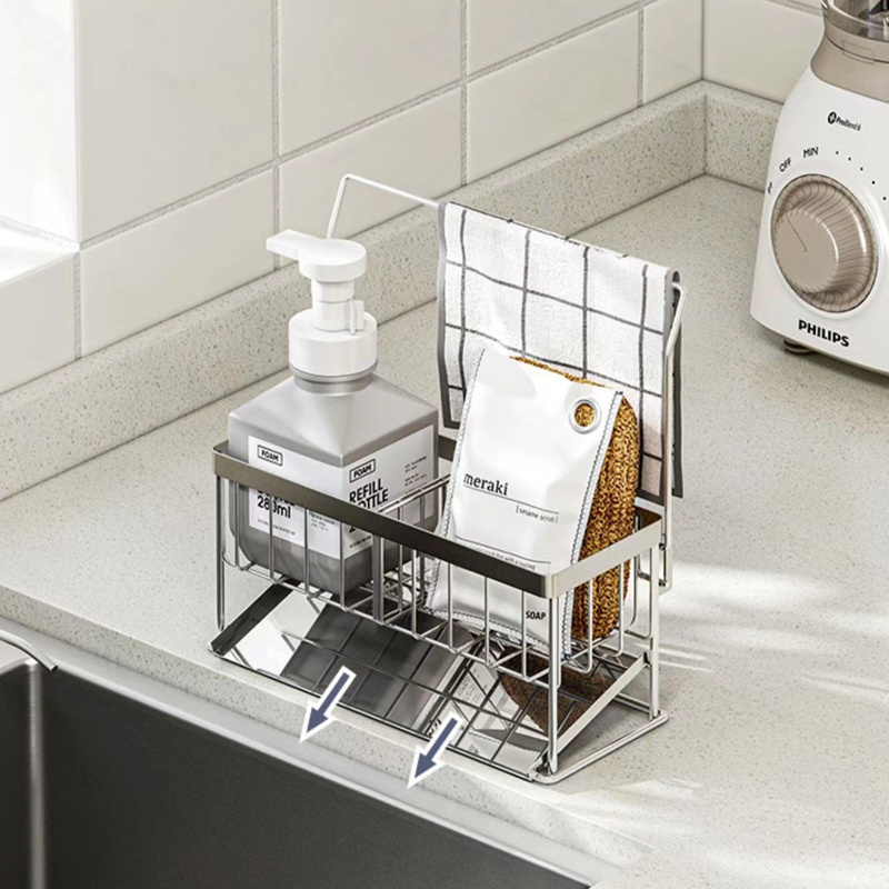 304 Stainless Steel Sponge Holder Kitchen Sink Caddy Organizer with Auto Drain Tray Sink Rack for Kitchen