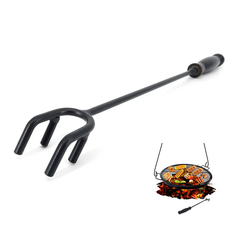 Indoor Outdoor Camping BBQ Fire Poker Stick Carbon Steel Fireplace Tools With Wooden Handle