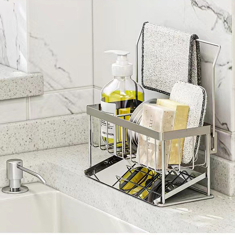 304 Stainless Steel Sponge Holder Kitchen Sink Caddy Organizer with Auto Drain Tray Sink Rack for Kitchen