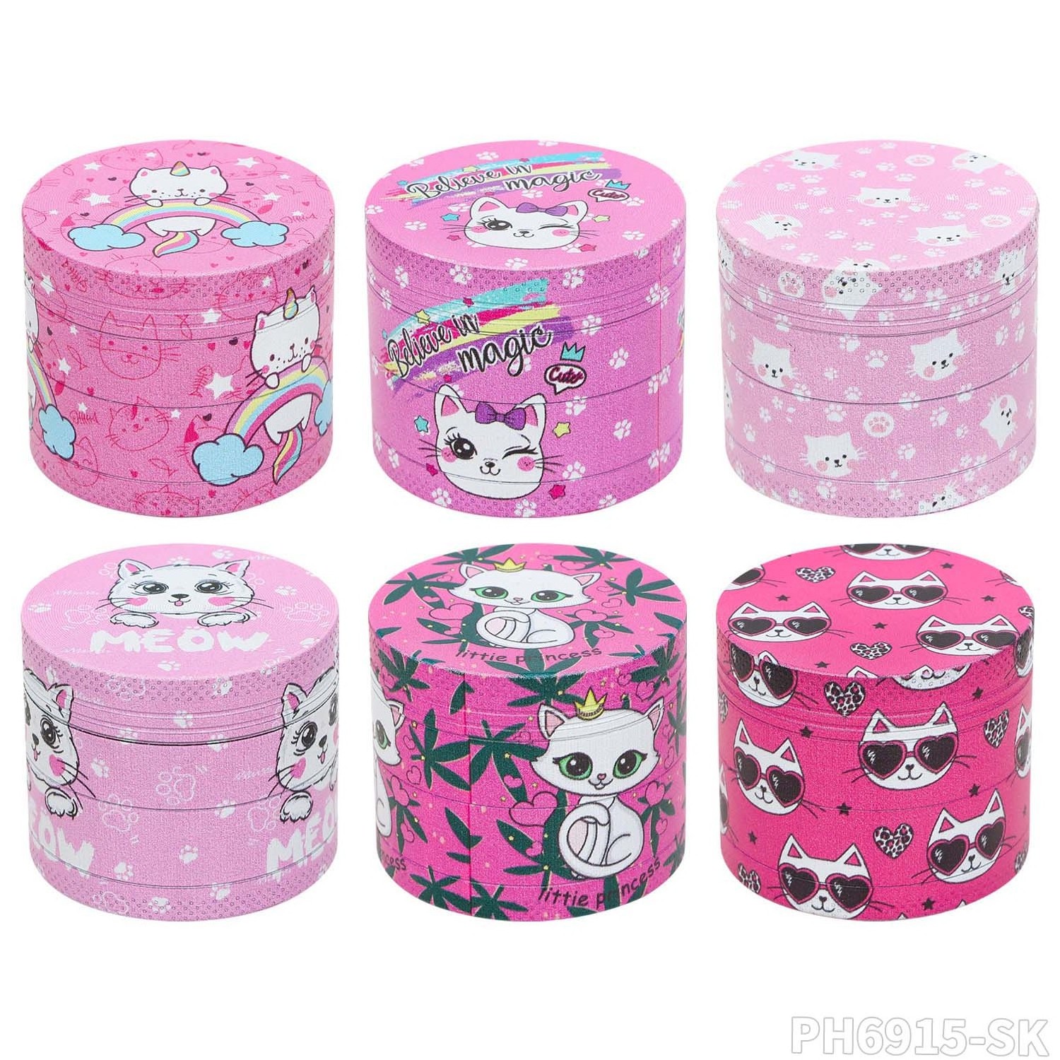 Wholesale Cute Cat Zinc Alloy Herb Grinder Custom Logo Tobacco Grinder with Multi-Patterns  40mm Herb Grinder With Display Box