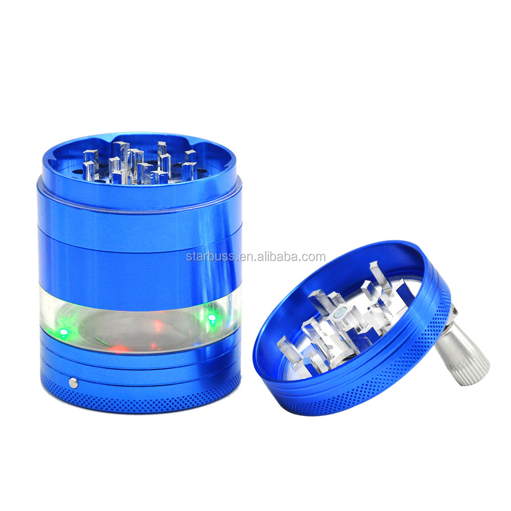 Wholesale 2.2inches Aluminum Hand Crank Herb Grinder 53mm Tobacco Grinder Miller with Decorative Led Light Herb Crusher