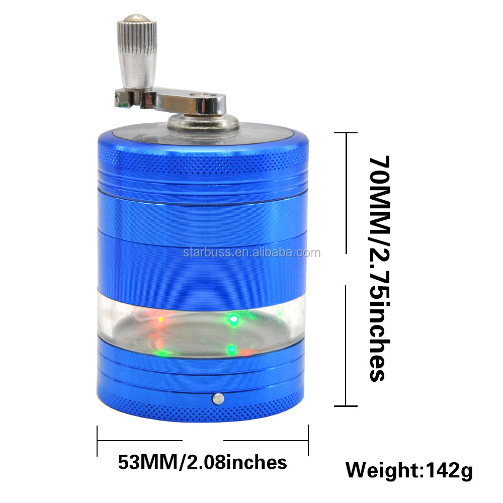 Wholesale 2.2inches Aluminum Hand Crank Herb Grinder 53mm Tobacco Grinder Miller with Decorative Led Light Herb Crusher