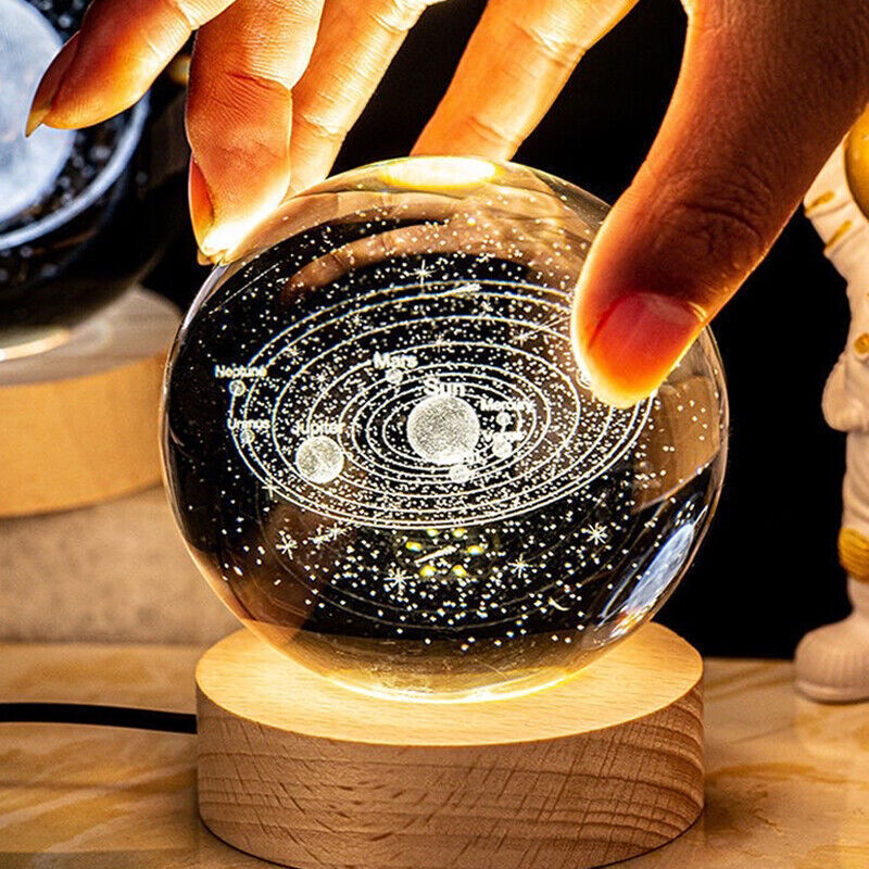 3D Art Crystal Ball Laser Engraving Solar System Blank Crystal Glass Ball Desktop Home Decor Led Night Light With LED Base