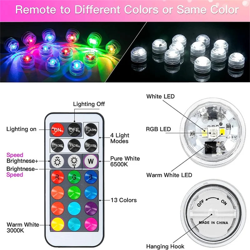 Waterproof Submersible Swimming Pool Night Lamp LED Lights Remote Control RGB Color Party Glass Vase Decor Tea Light