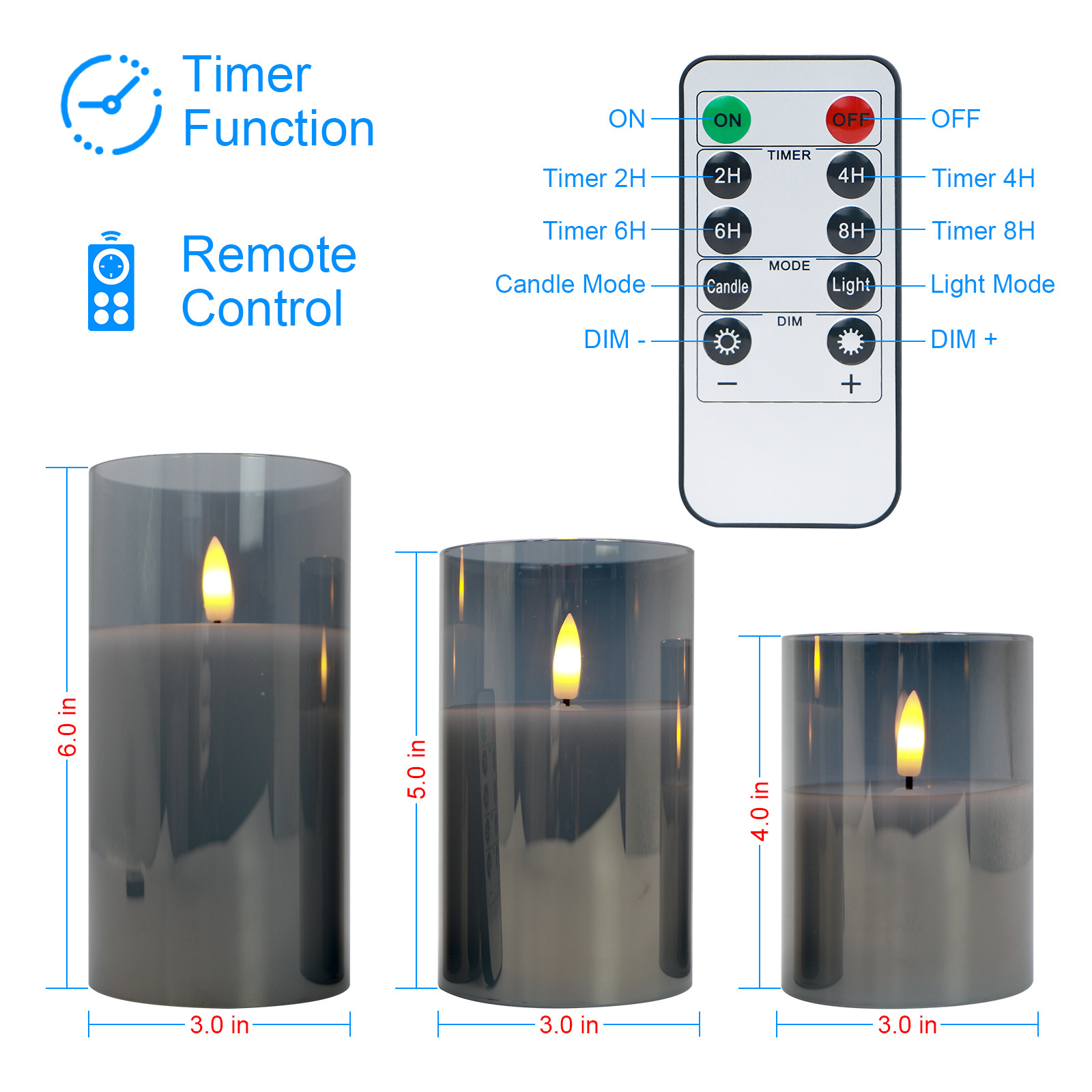 Remote control flameless elegant Christmas led candle light grey white glass pillar candles