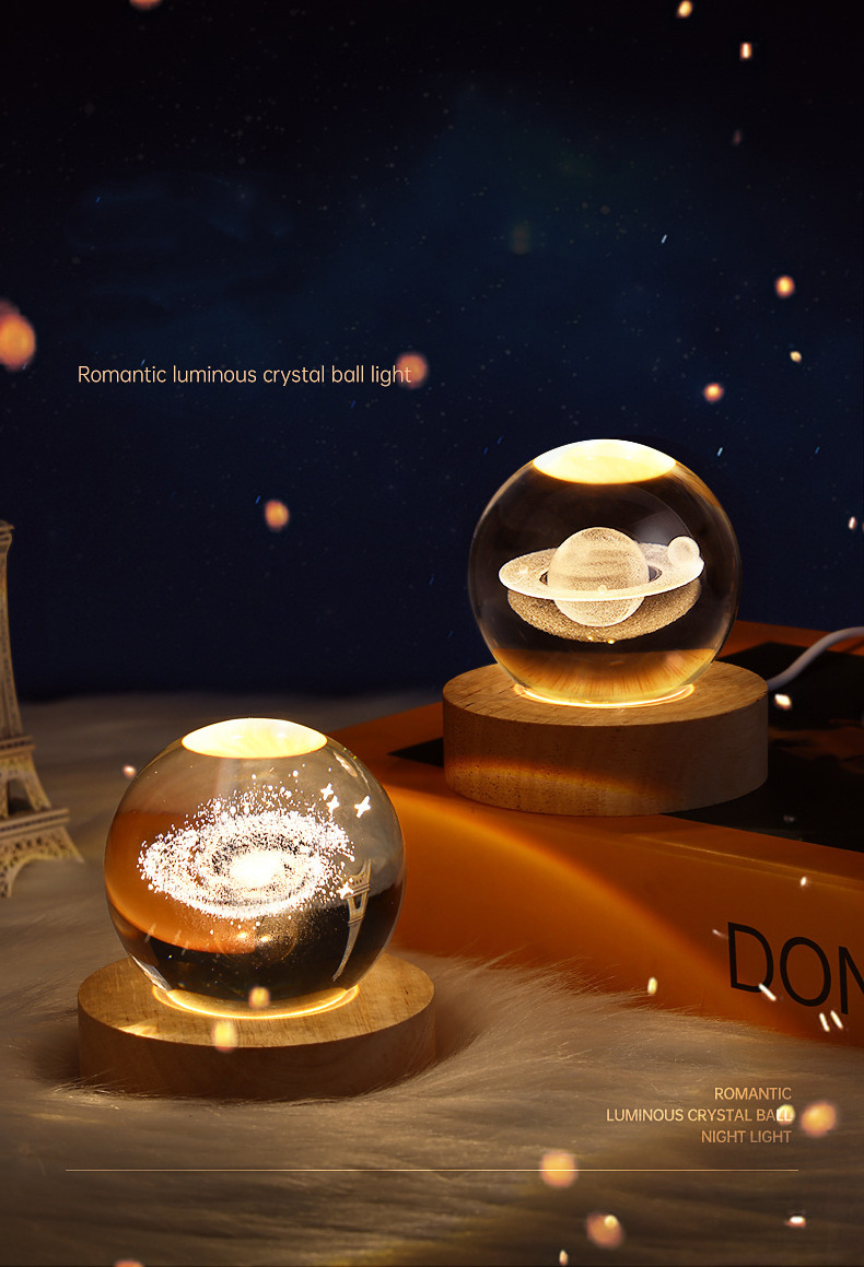 3D Art Crystal Ball Laser Engraving Solar System Blank Crystal Glass Ball Desktop Home Decor Led Night Light With LED Base