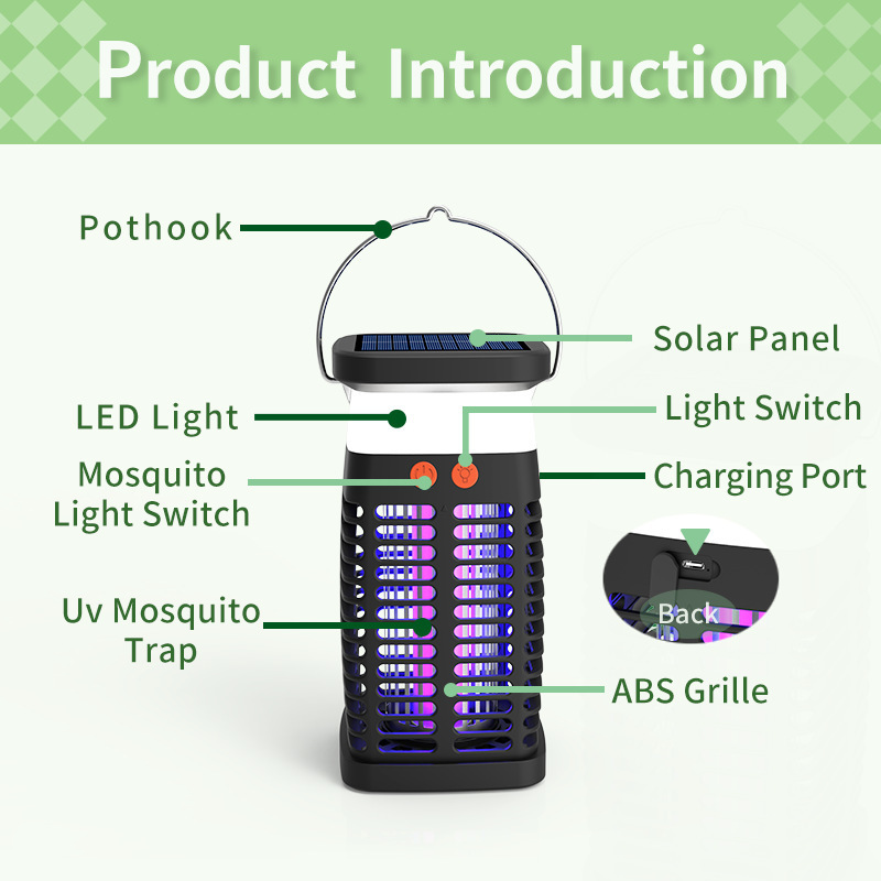 Rechargeable 4000mAh Solar Garden Light Outdoor LED Tent Light Adjustable 2500V Electric Mosquito Killer lamp For Bedroom