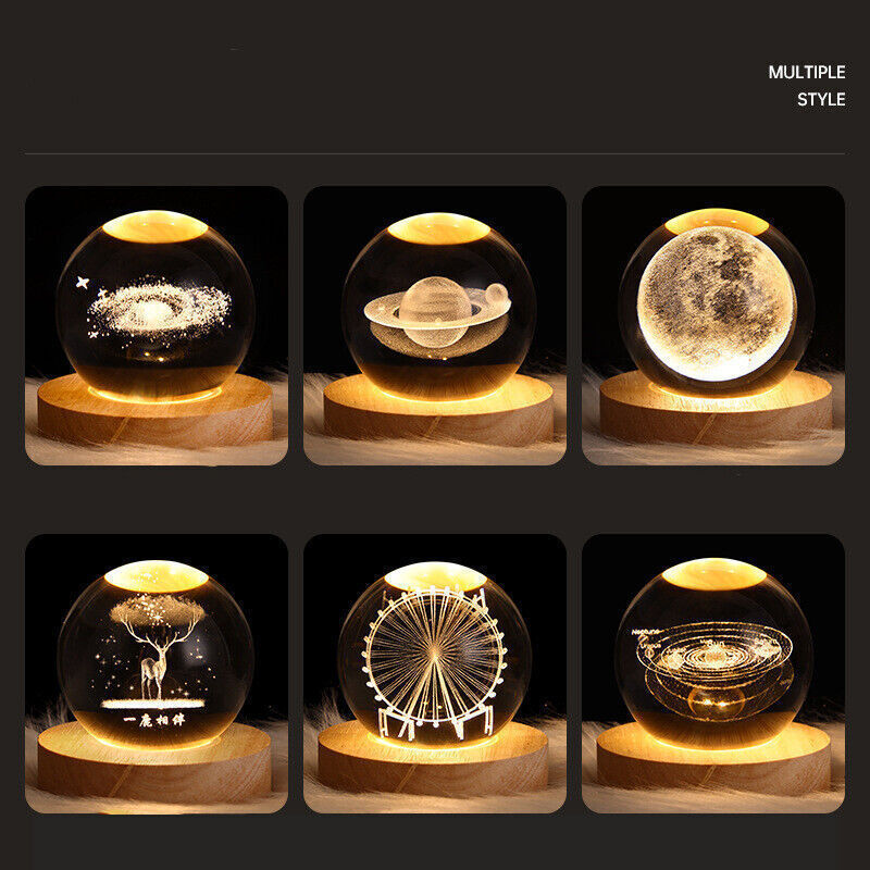 3D Art Crystal Ball Laser Engraving Solar System Blank Crystal Glass Ball Desktop Home Decor Led Night Light With LED Base