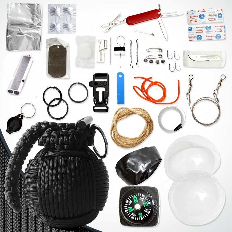 Black Paracord Grenade Survival Kit - LED Flashlight,Fishing Line, Sutures, Fire Starter Toggle, Mini Pocket Knife