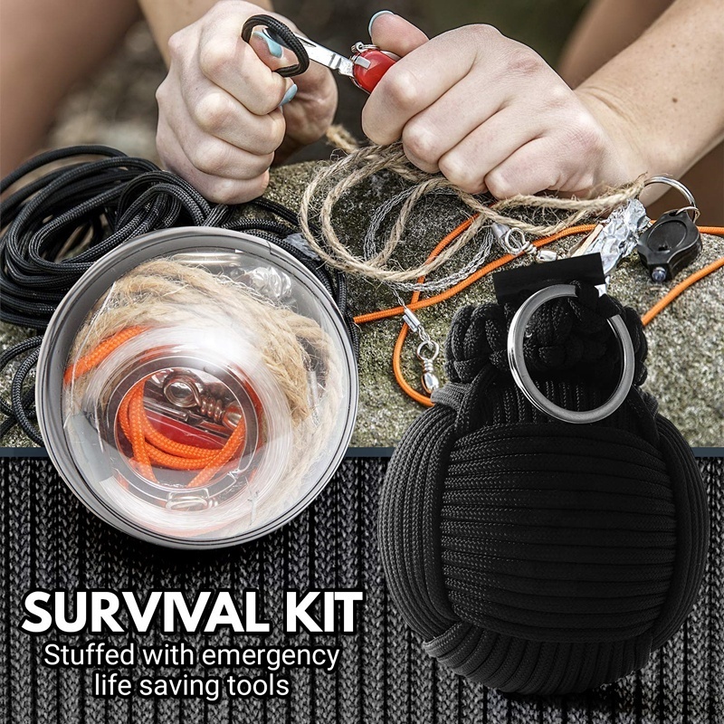 Black Paracord Grenade Survival Kit - LED Flashlight,Fishing Line, Sutures, Fire Starter Toggle, Mini Pocket Knife