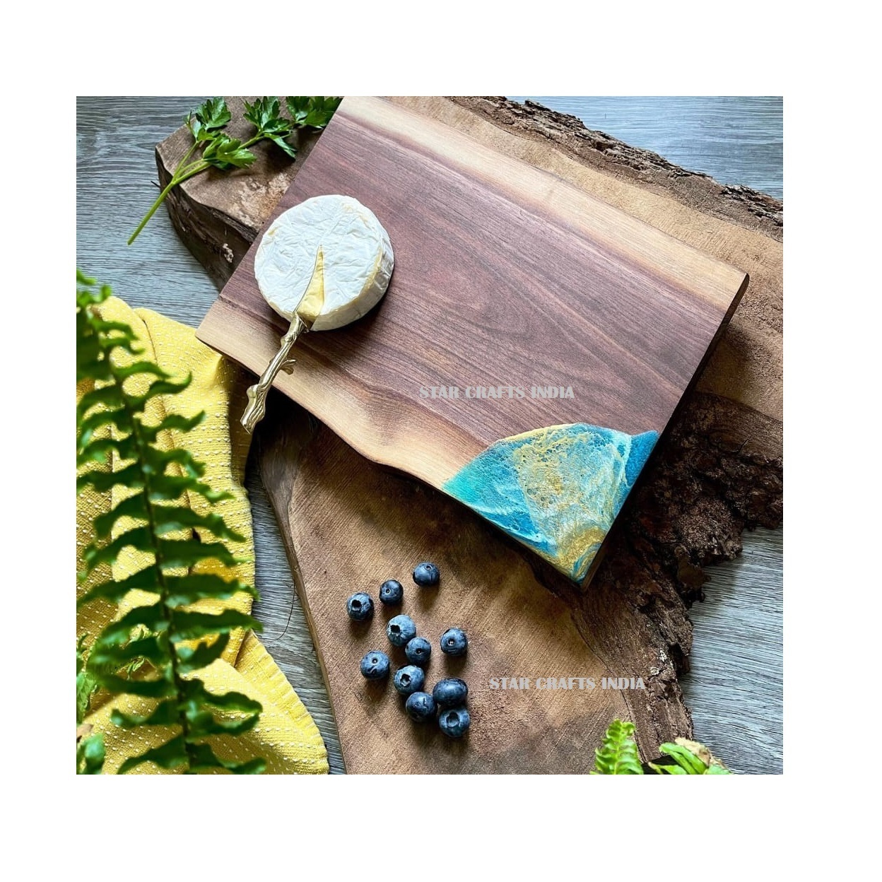 Turquoise Resin River Acacia Wood Charcuterie Board Cheese Fruits Vegetable Chopping Serving Cutting Board  For Kitchen Hotels