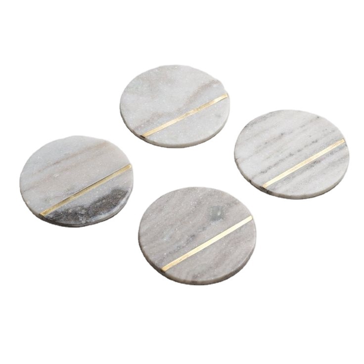 Decorative Marble Round Coaster With Metal Strips Coasters Natural White Stone Slate Coasters Anti Slip Kitchen Accessories