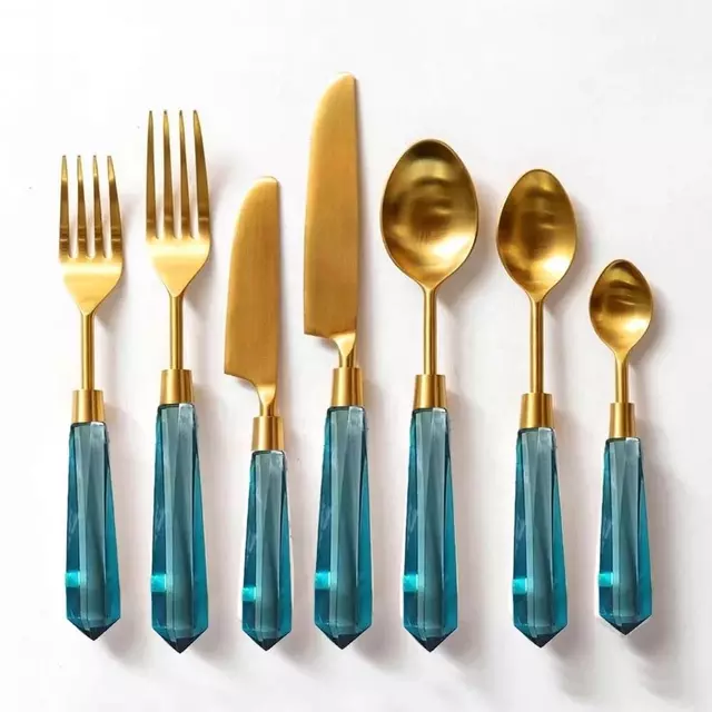 7 Pcs Stainless steel with Golden plated & White Resin handle new development with best quality flatware set kitchen cutlery