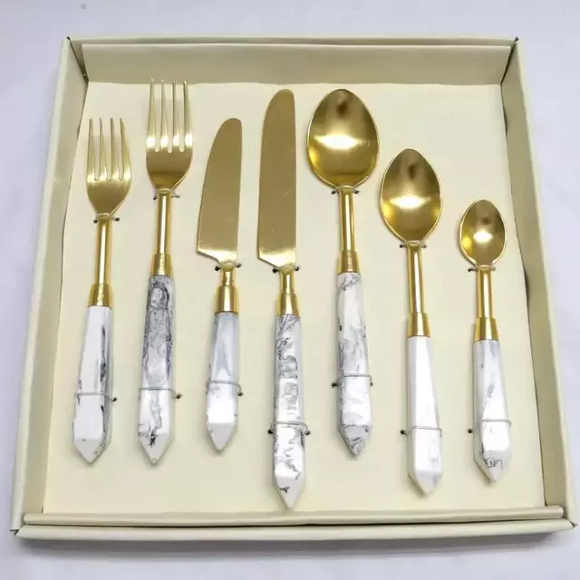 7 Pcs Stainless steel with Golden plated & White Resin handle new development with best quality flatware set kitchen cutlery