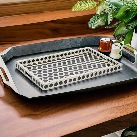 High Quality Best Grade Ecofriendly rectangle Bone Inlay base serving food ottoman serving trays for breakfast use for hotels