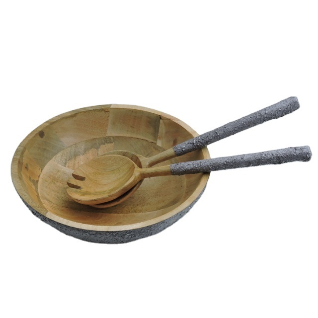 Decorative Concrete over painted handle & wooden Bowl With salad server with wooden bowl set for dinnerware & kitchen use