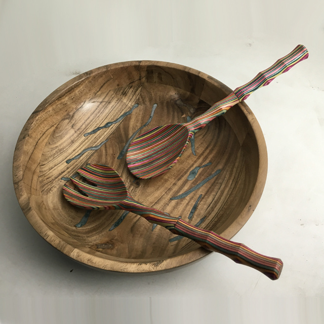 Decorative Concrete over painted handle & wooden Bowl With salad server with wooden bowl set for dinnerware & kitchen use