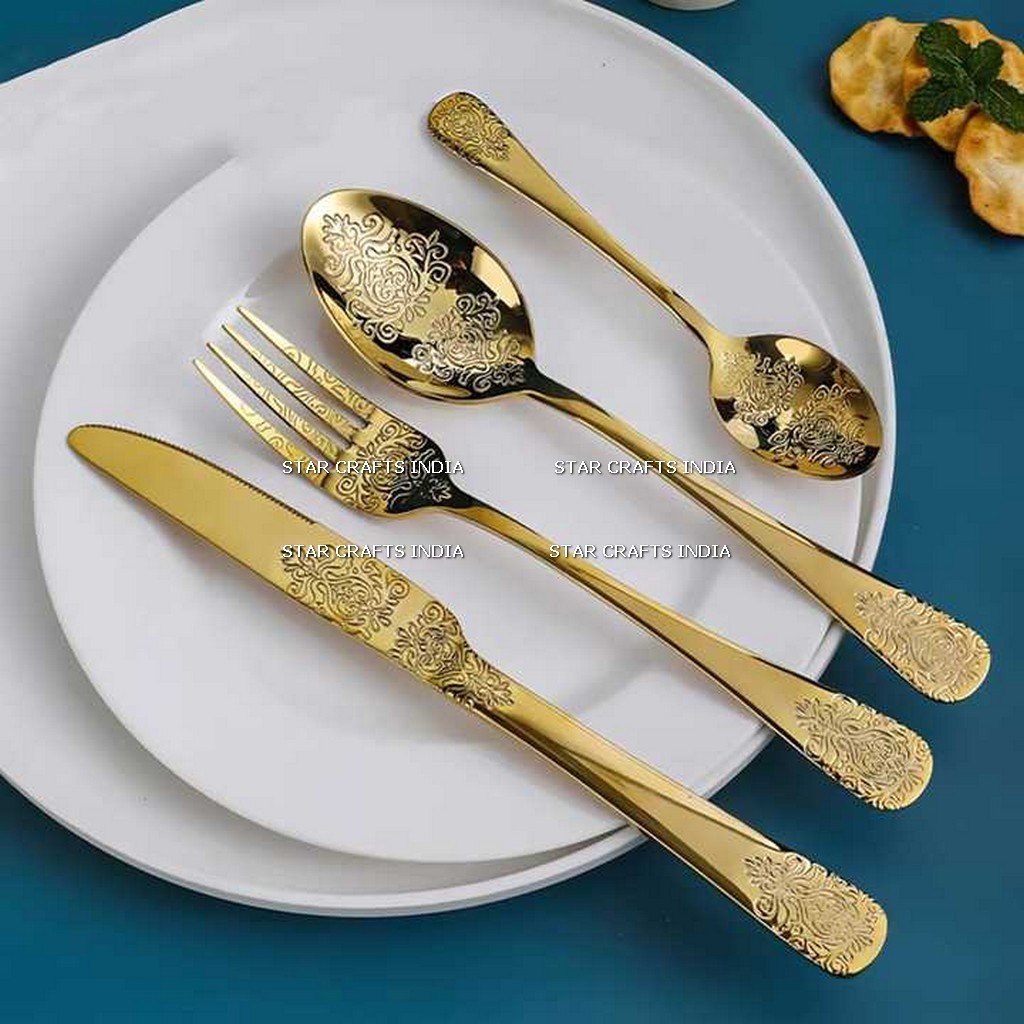 Stainless Steel Gold Flatware 4 Pcs Set. place setting Christmas Gift Luxury Cutlery HAND FORGED DAMASCUS STEEL