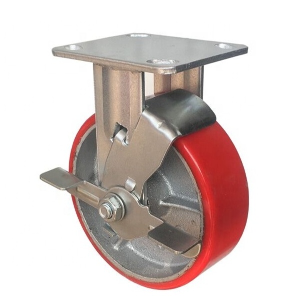 SS 4568 inch PU on iron heavy duty industrial caster wheel with new brake design