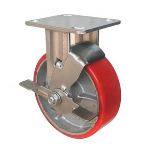 SS 4568 inch PU on iron heavy duty industrial caster wheel with new brake design