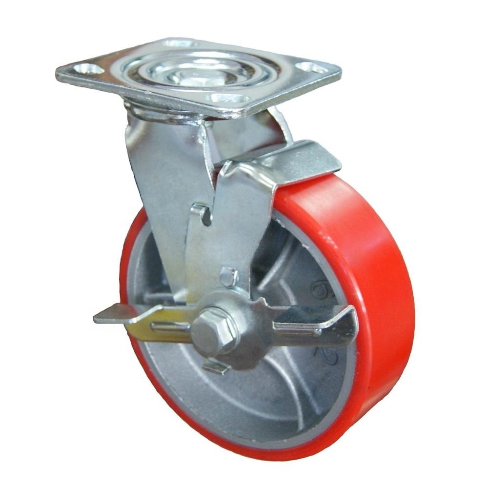 SS 4568 inch PU on iron heavy duty industrial caster wheel with new brake design