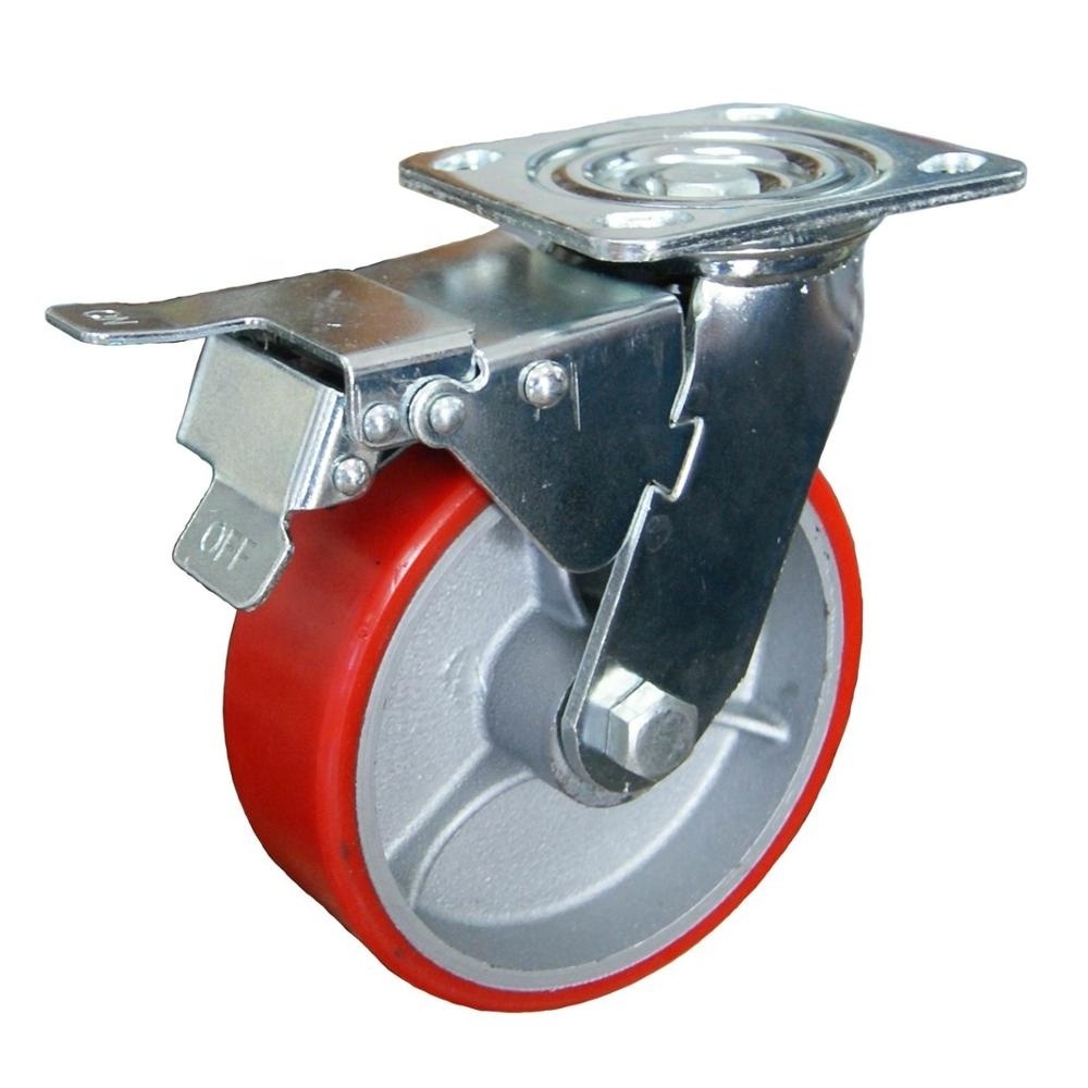 SS 4568 inch PU on iron heavy duty industrial caster wheel with new brake design