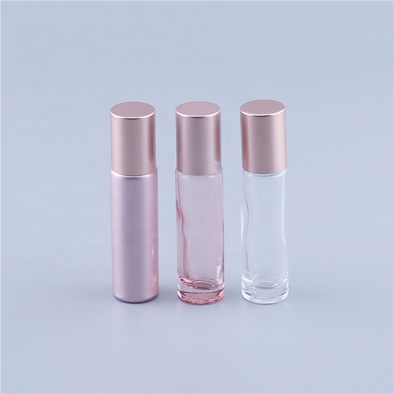 Essential Oil Use 10ml Pink Roll On Glass Roller Perfume Bottle With Glass or Stainless Steel Roller Ball And Rose Gold Cap